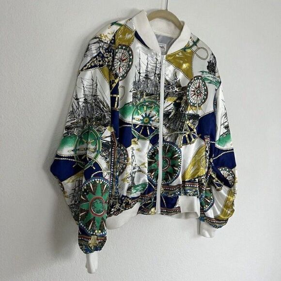 Casual Corner Vintage 80s Womens Satin Nautical Map Zip Up Bomber Jacket OS - Picture 10 of 11
